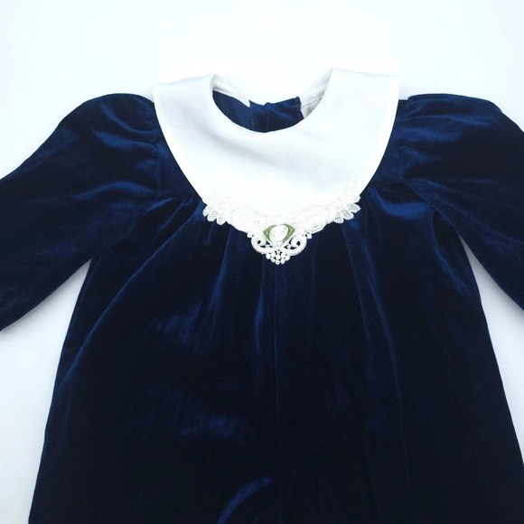 Vintage Rare Editions Bubble Romper Girls Blue Velvet Lace Peter Pan Collar 18M - Picture 3 of 7